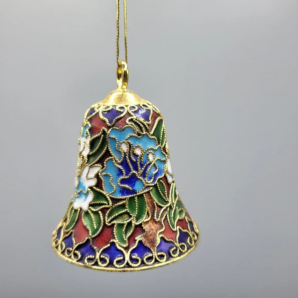 Cloisonne Bell Ornament Floral Enamel Filigree Blue Red Gold Holiday Decor